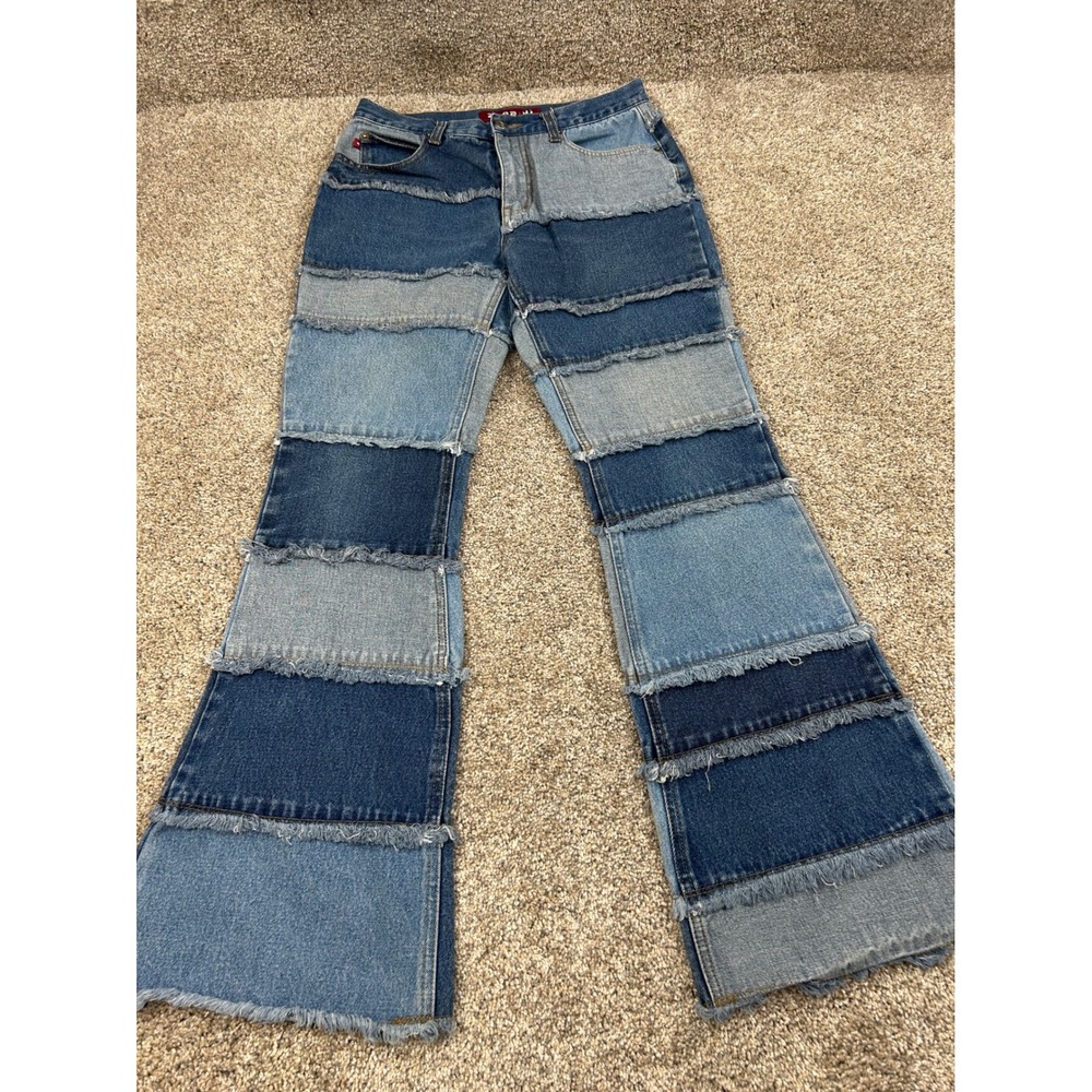 Vintage ZanaDi Patchwork Frayed Flare Jeans size 7 Blue Denim Y2K Wide Leg #0864